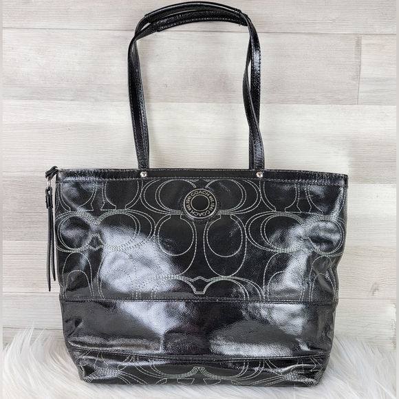 Coach Handbags - Coach F19198 Signature Stripe Black Patent Leather White Stitched Tote Bag